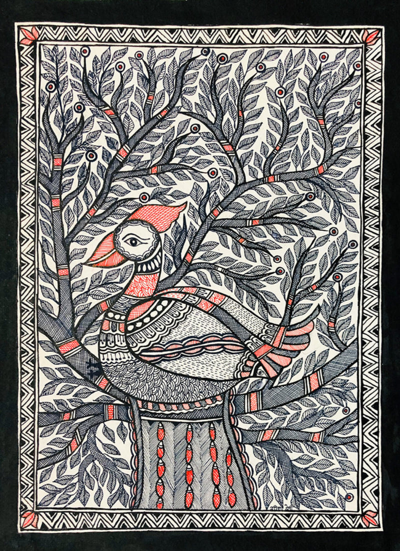 Buy Ink and Intricacy - Monochromatic Symphony of Peacock Madhubani Art by Ambika Devi