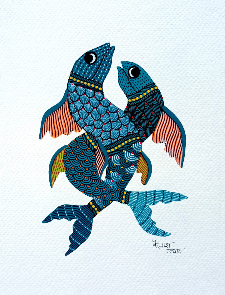 The Nature's Embrace: Fishes in Gond Art by Kailash Pradhan Thumbnail