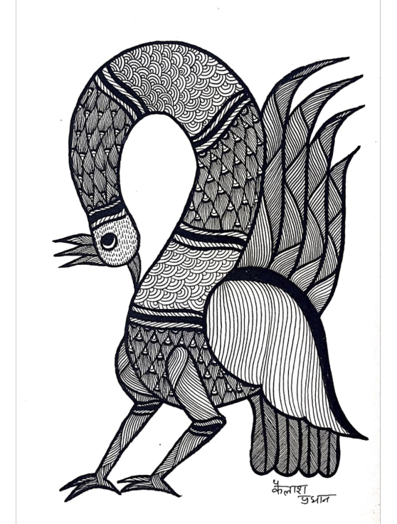 Elegant monochrome peacock in Gond by Kailash Pradhan Thumbnail