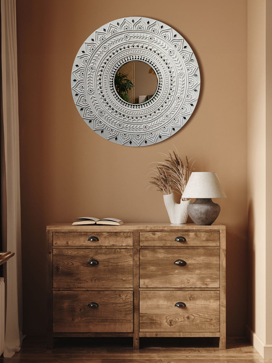 Intricate mandala pattern bordered around a mirror in Mudwork by Nalemitha For Home Decor, Gifting Thumbnail