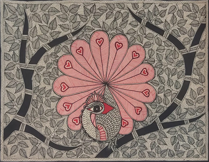 Iridescent Elegance: The Mystique of a Twirling Peacock, Madhubani Painting by Priti Karn Thumbnail