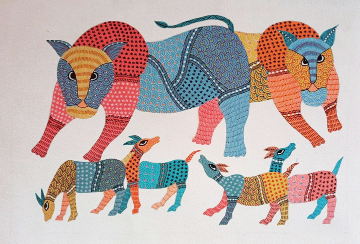 Jungle Symphony: Tigers and deer in Gond by Kailash Pradhan Thumbnail