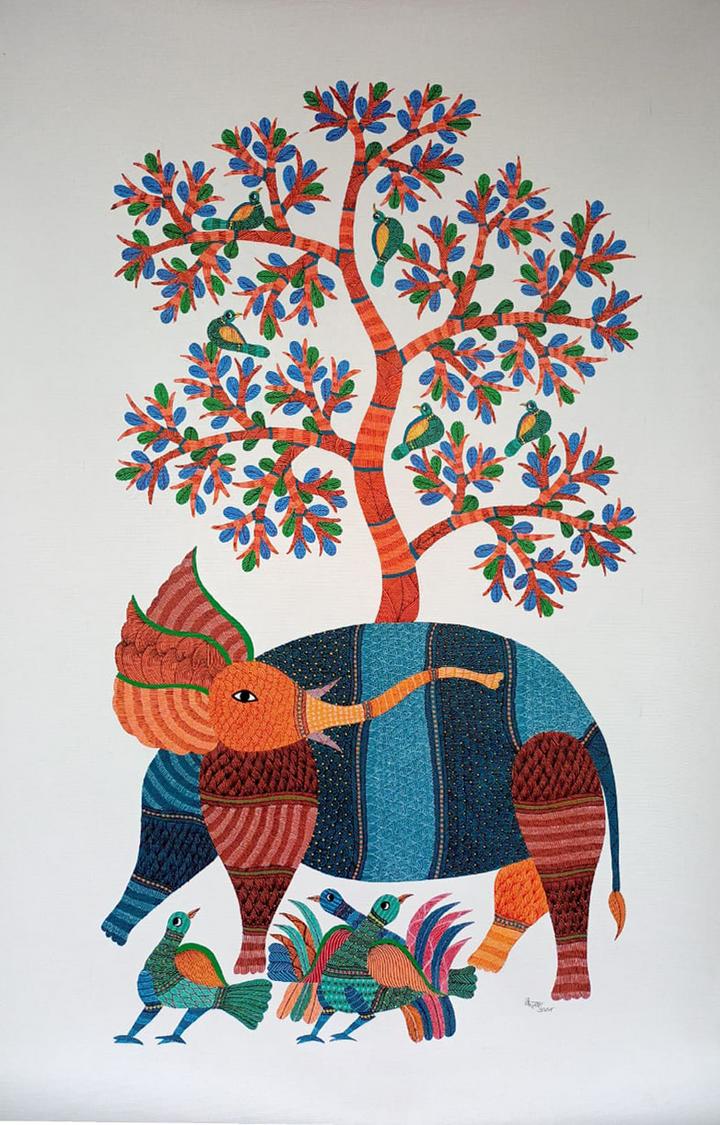 Elephant and Birds by the Tree in Gond by Kailash  Pradhan Thumbnail