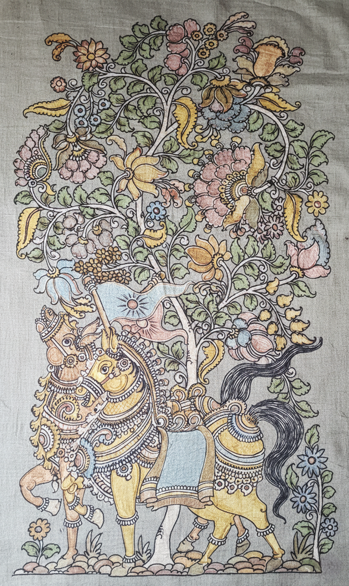 Pair of Royal Horses Standing Beneath the Tree of Life in Kalamkari by Sudheer