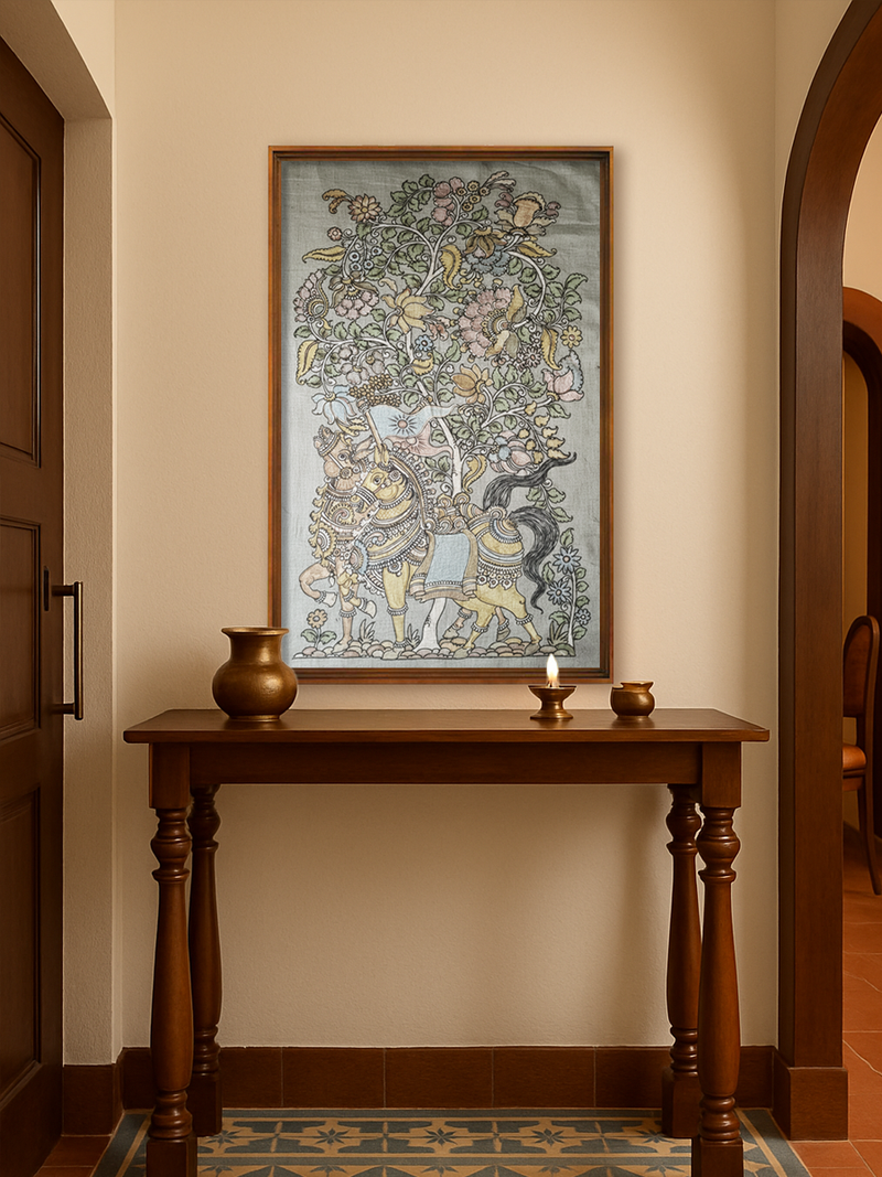 Pair of Royal Horses Standing Beneath the Tree of Life in Kalamkari by Sudheer