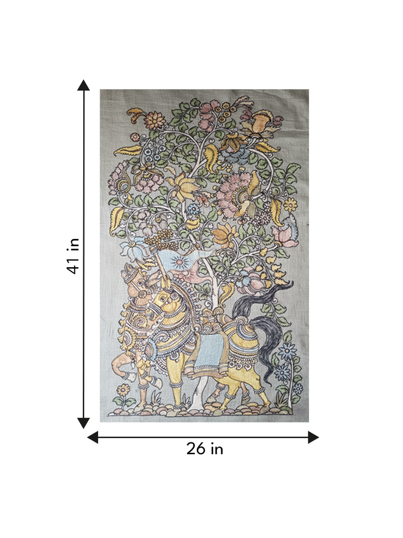 Pair of Royal Horses Standing Beneath the Tree of Life in Kalamkari by Sudheer