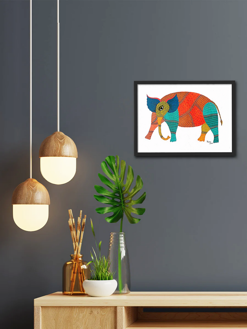A Gond Artistry of the Colorful Elephant Gond Painting by Kailash Pradhan