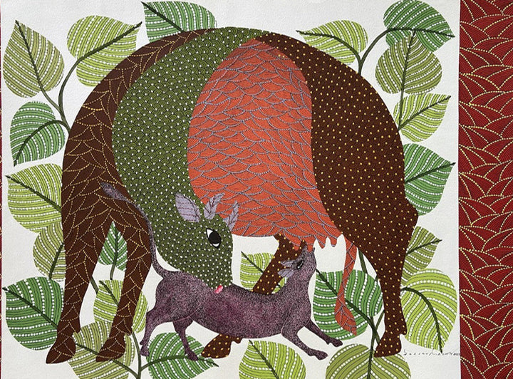 Kaamdhenu with Calf in Gond painting by Venkat Shyam Thumbnail