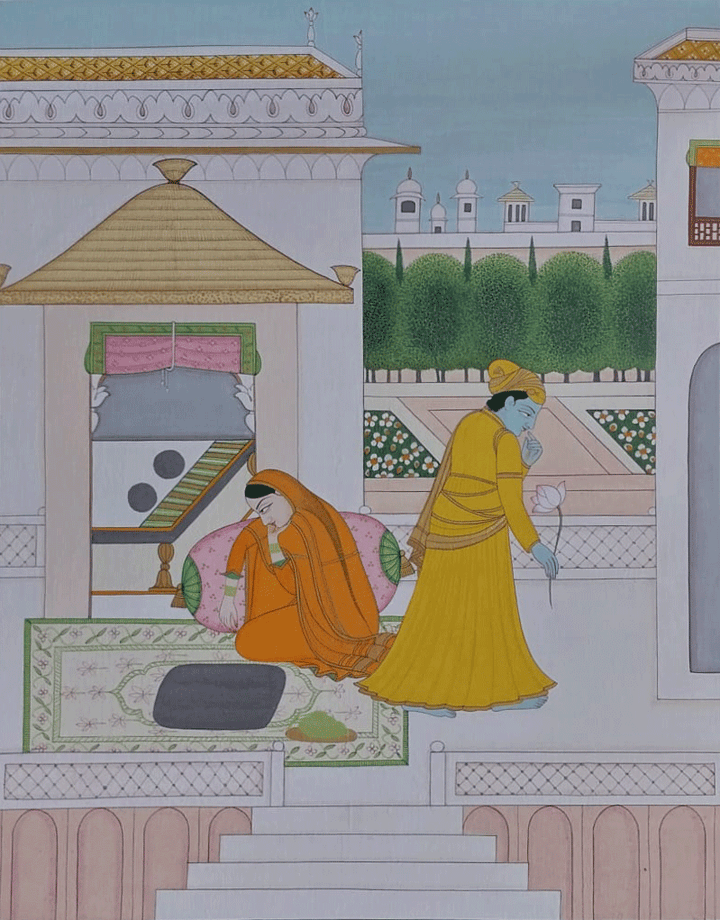 Kalahantrita Nayika Bheda in Kangra Miniature by Anshu Mohan Thumbnail