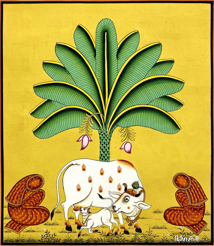 Kamadhenu Amidst Sacred Trees in Pichwai Painting by Dinesh Soni Thumbnail