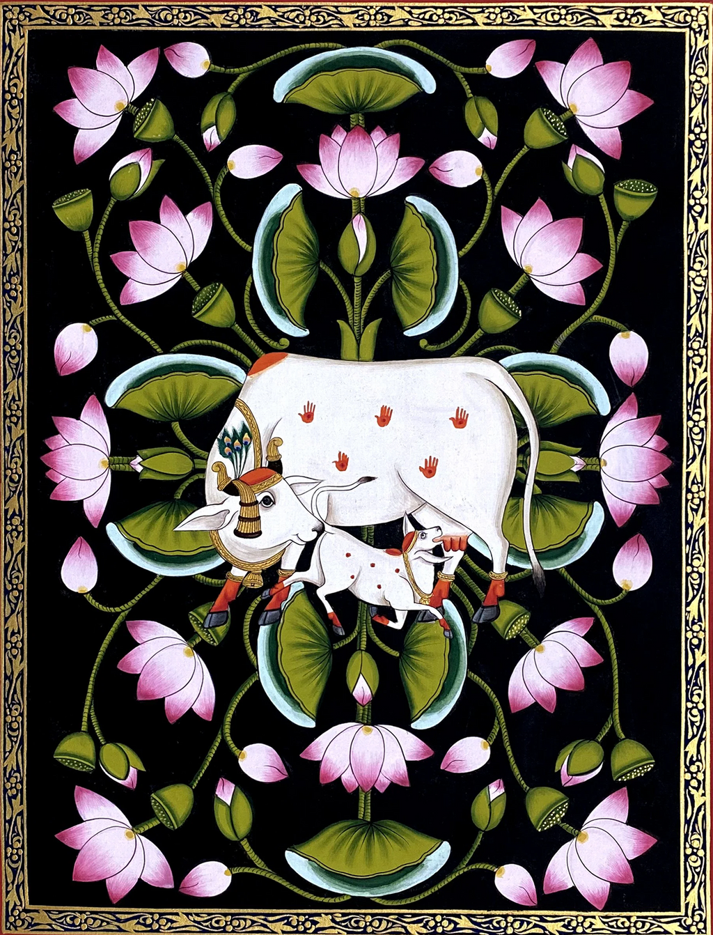 Buy Kamadhenu and Kamal Talai in Pichwai Painting by Dinesh Soni