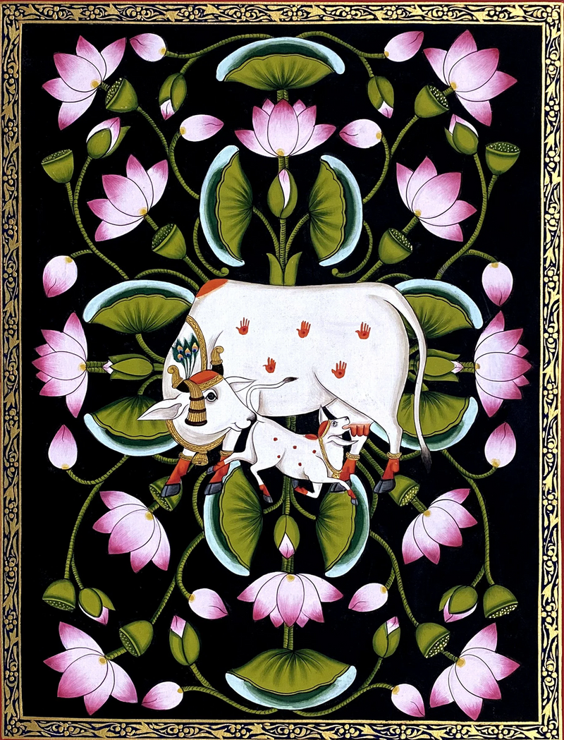 Buy Kamadhenu and Kamal Talai in Pichwai Painting by Dinesh Soni