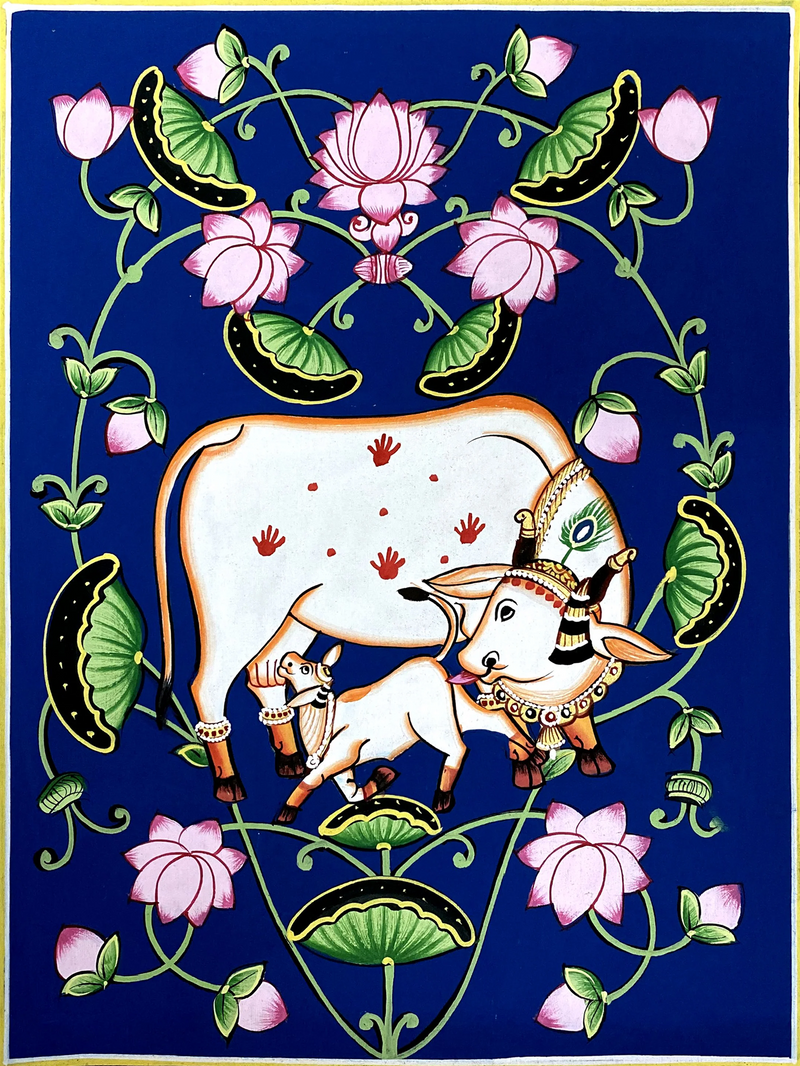 Buy Kamadhenu and Kamal Talai in Pichwai Painting by Dinesh Soni