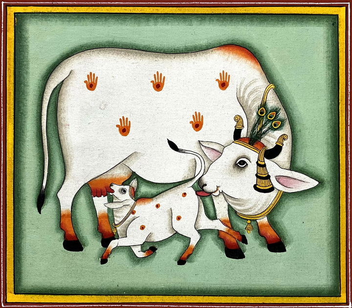 The Celestial Kamdhenu with Calf in Pichwai by Dinesh Soni Thumbnail