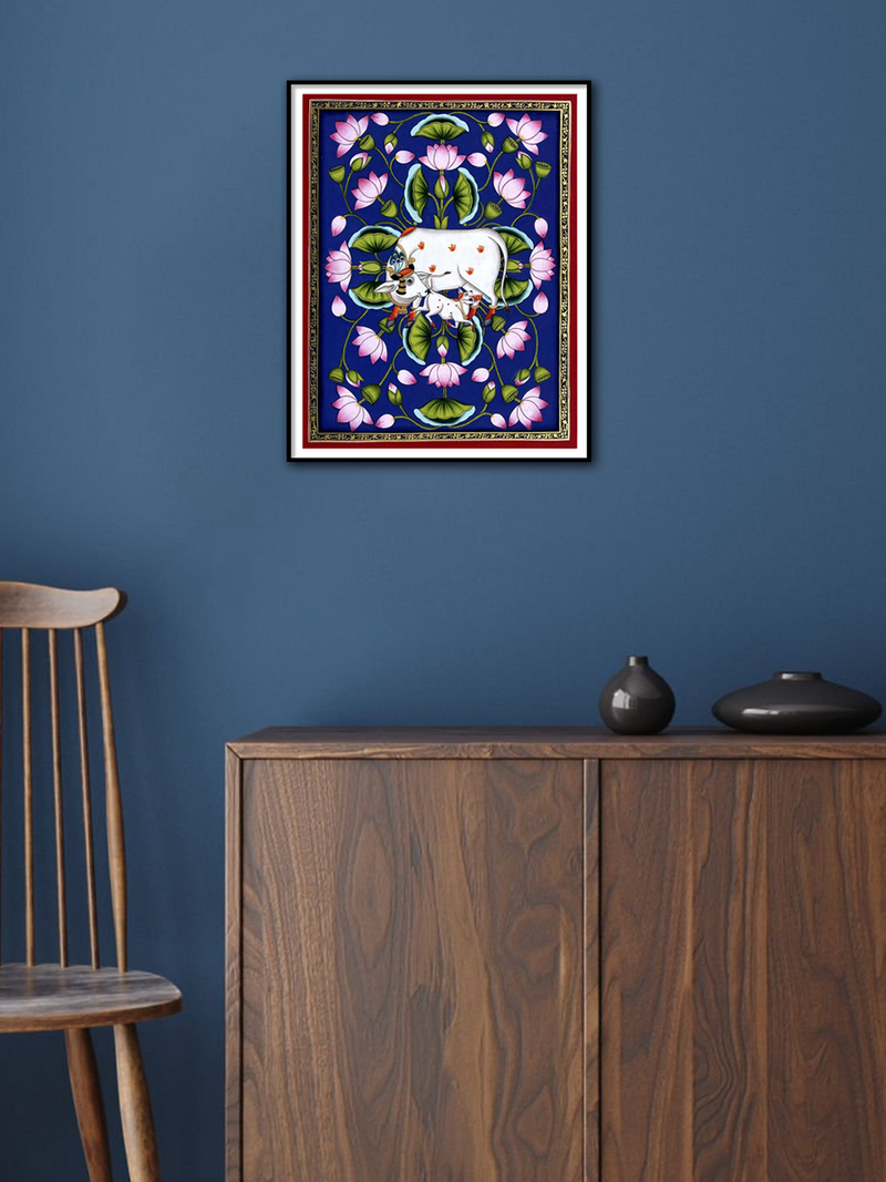 Kamadhenu with Kalam Talai in Pichwai Painting by Dinesh Soni for sale