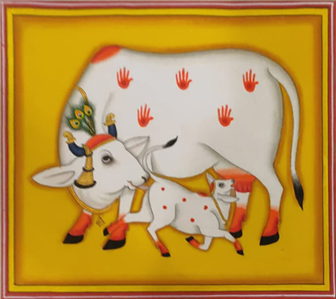 Kamdhenu and Calf's Nestling Affection in Pichwai by Dinesh Soni Thumbnail