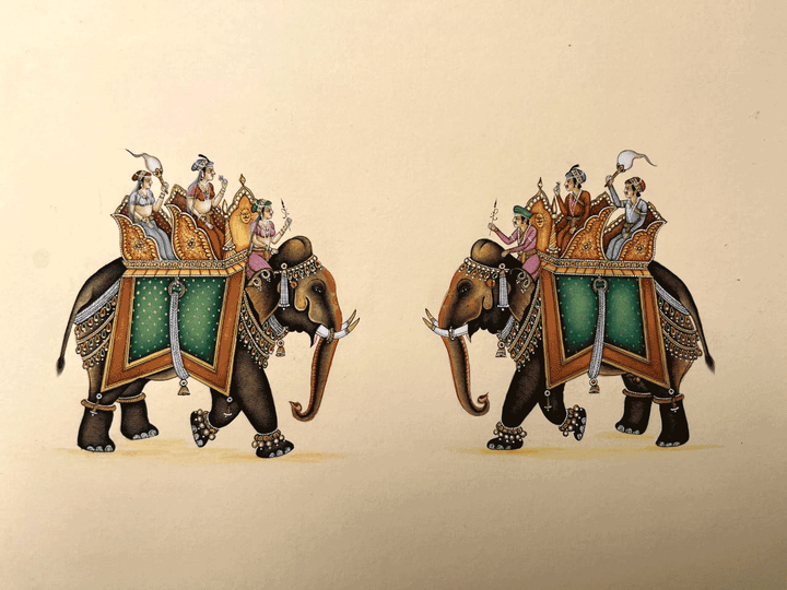 King and Queen on their royal elephants in Mughal miniature by Mohan Prajapati Thumbnail