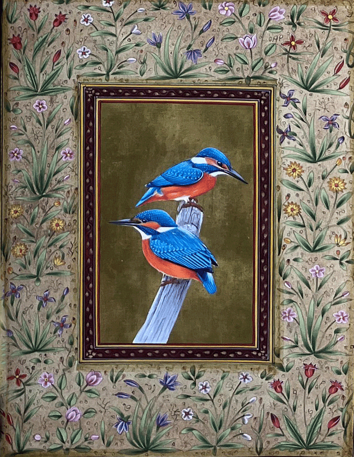 Kingfishers Among Blossoms in Mughal Miniature by Mohan Prajapati Thumbnail