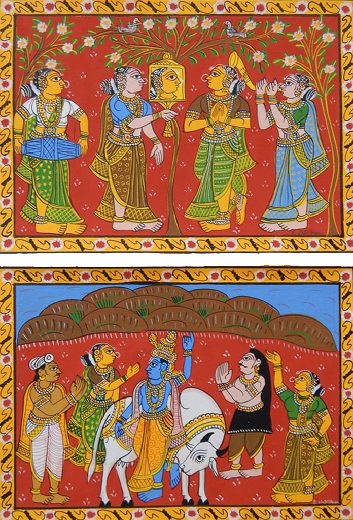 Krishna Radha and Gopis: CHERIYAL SCROLL PAINTING by Sai Kiran (Set of 2) Thumbnail