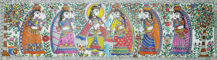 Krishna with Gopis:Madhubani painting by Priti Karn Thumbnail