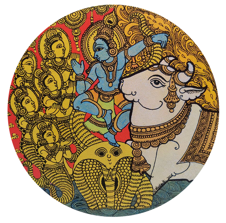 Krishna with the Surabhi Cow in Kalamkari Inspired Art by Hariath N Thumbnail