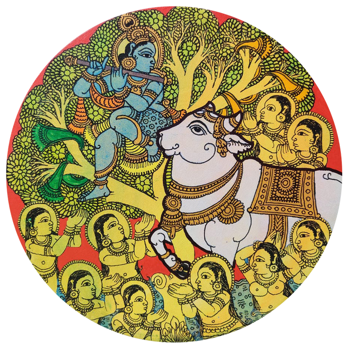 Krishna with the Surabhi in Kalamkari Inspired Art by Hariath N Thumbnail