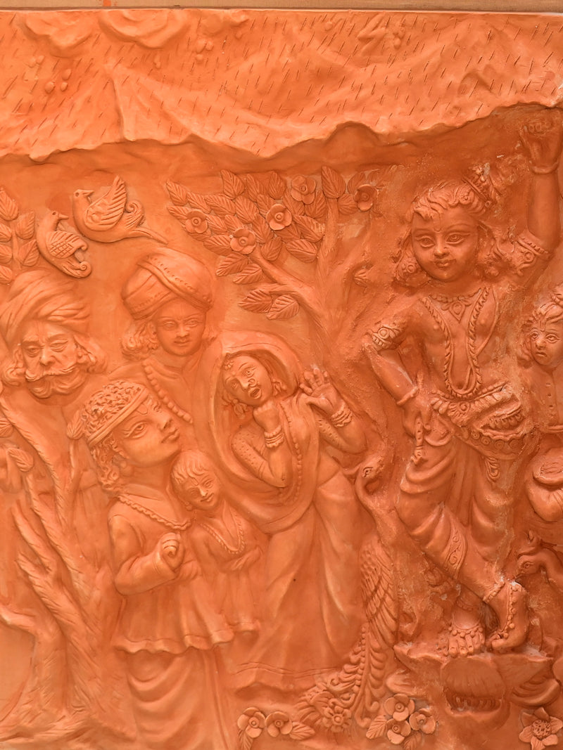 Krishna's Sheltering Grace: Terracotta Model of Govardhan Leela, Terracotta art by Dolon Kundu