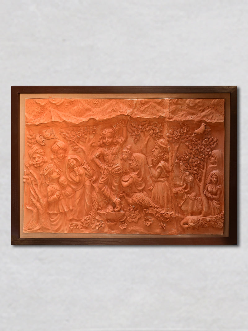Krishna's Sheltering Grace: Terracotta Model of Govardhan Leela, Terracotta art by Dolon Kundu