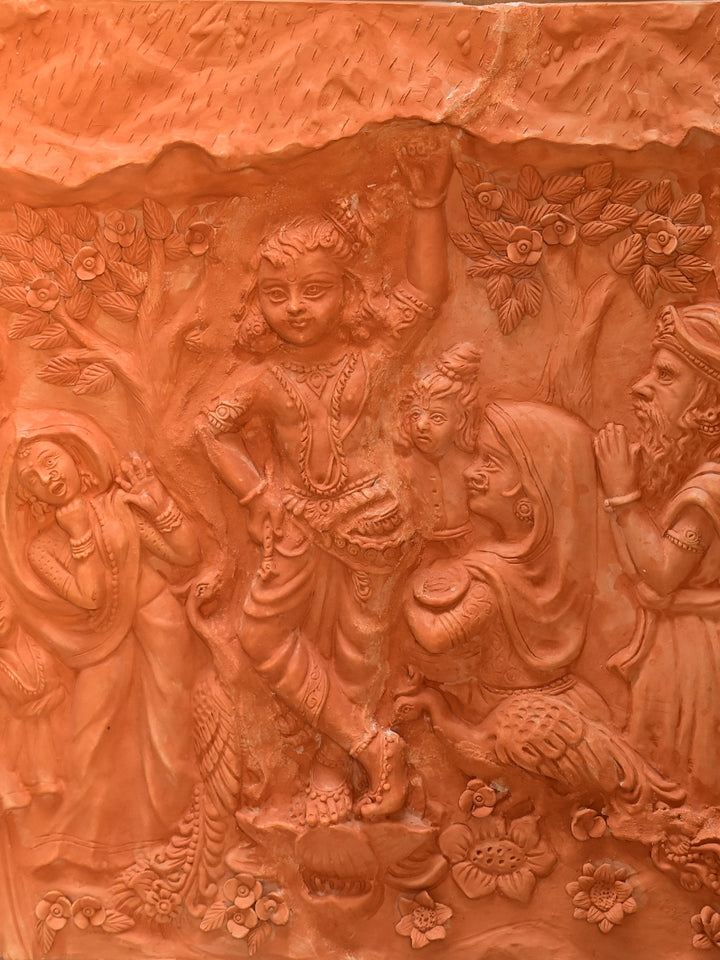 Krishna's Sheltering Grace: Terracotta Model of Govardhan Leela, Terracotta art by Dolon Kundu Thumbnail