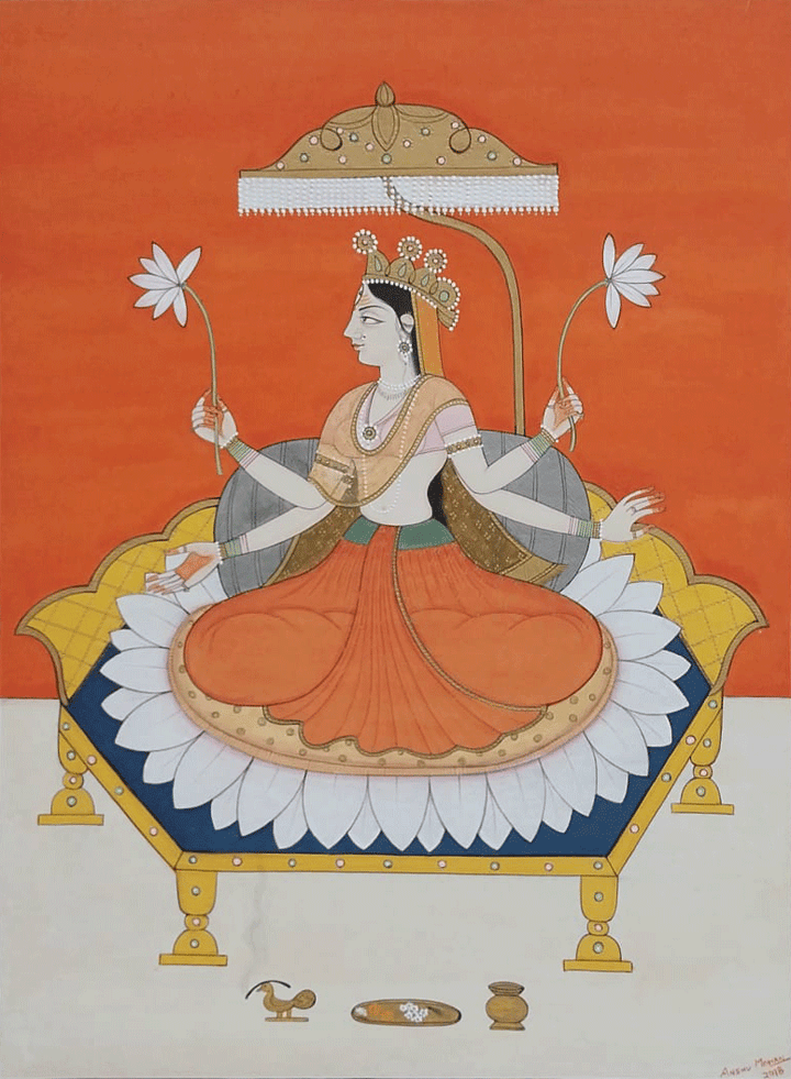 Lakshmi Ji in Kangra Miniature by Anshu Mohan Thumbnail