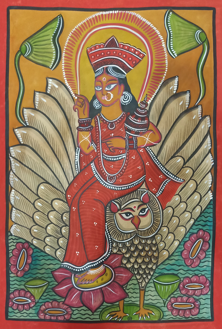 Lakshmi with Uluka handpainted in Kalighat style by Hasir Chitrakar Thumbnail