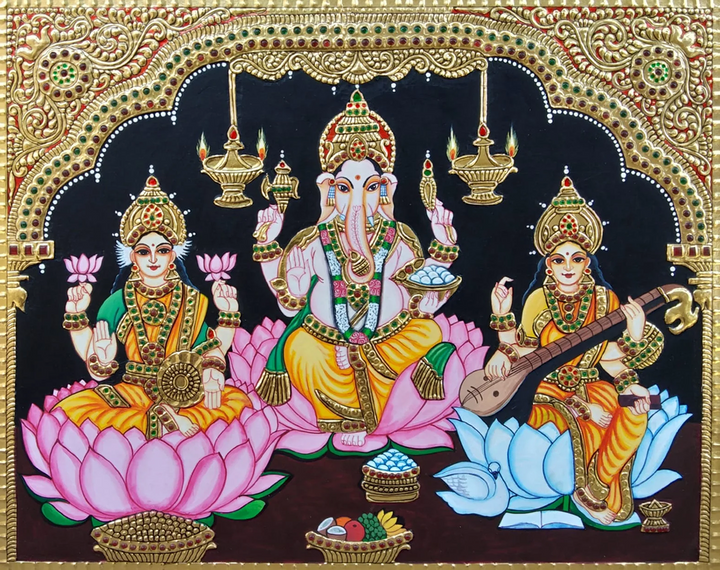 Laxmi, Ganesha And Saraswati Tanjore Painting by Sanjay Tandekar Thumbnail