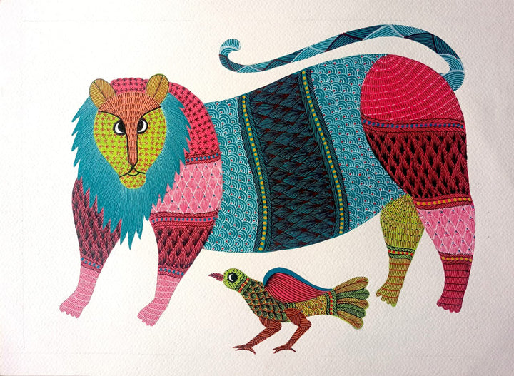 A Nature's Display: Lion and Bird in Gond by Kailash Pradhan Thumbnail