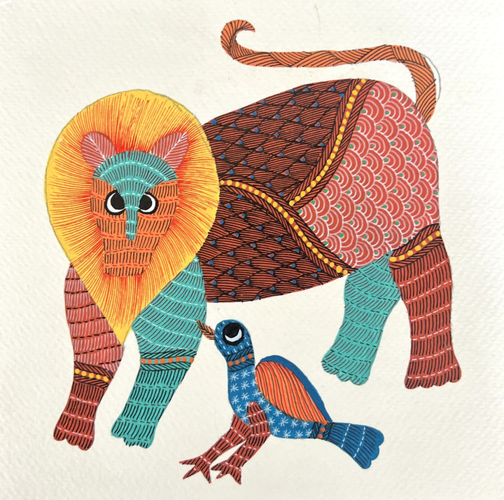 Lion and bird In Gond by Kailash Pradhan Thumbnail