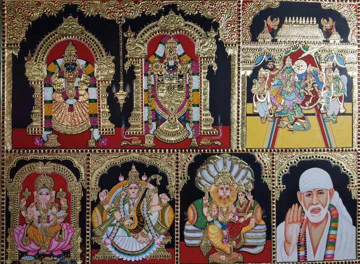 Lord Balaji Padmavathi Amman, Ramdarbar,Ganesha,Sarswati,Narshimha,and Sai baba : Tanjore Painting by Sanjay Tandekar Thumbnail