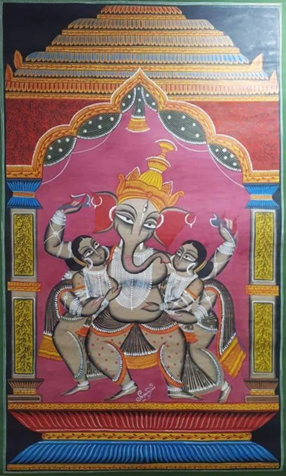 Lord Ganesh and his consorts:Bengal Pattachitra painting by Manoranjan Chitrakar Thumbnail