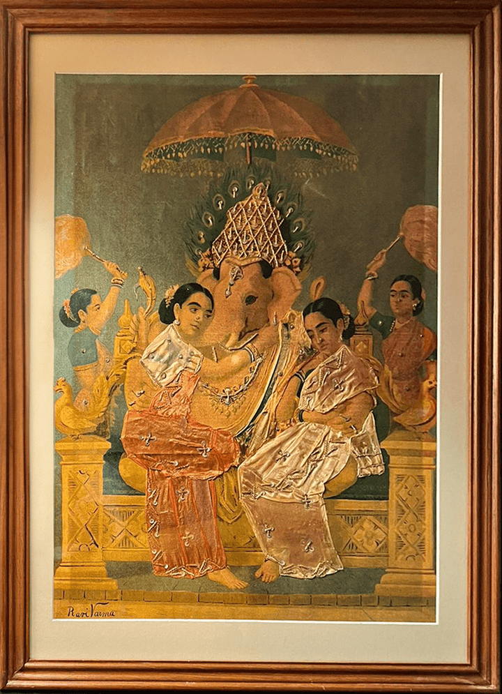 Lord Ganesh with Riddhi and Siddhi, Oleograph by Raja Ravi Varma (Embellished) Thumbnail