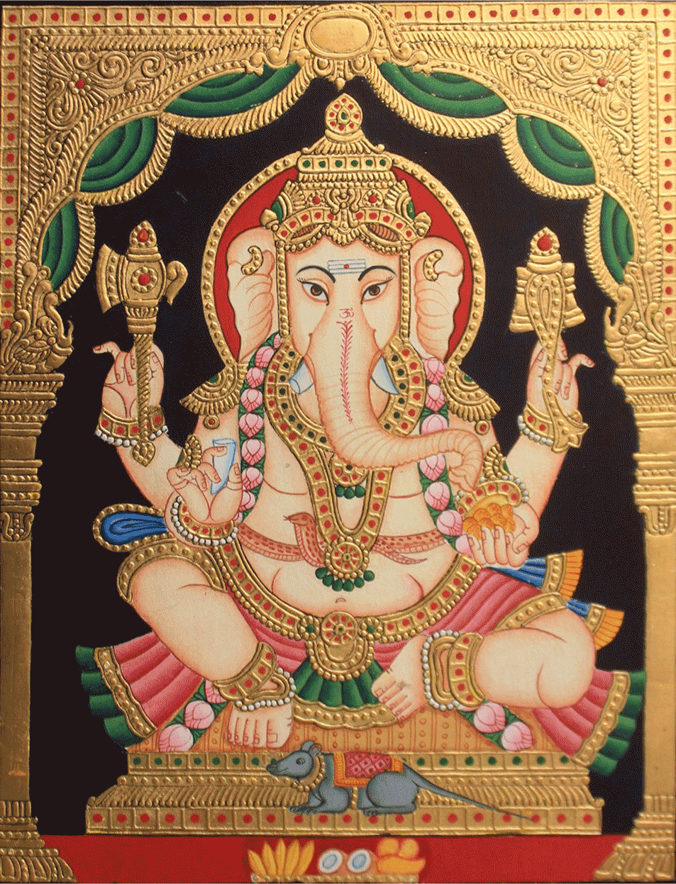 Lord Ganesha With Mushak (Mouse) Painting In Mysore Tanjore
