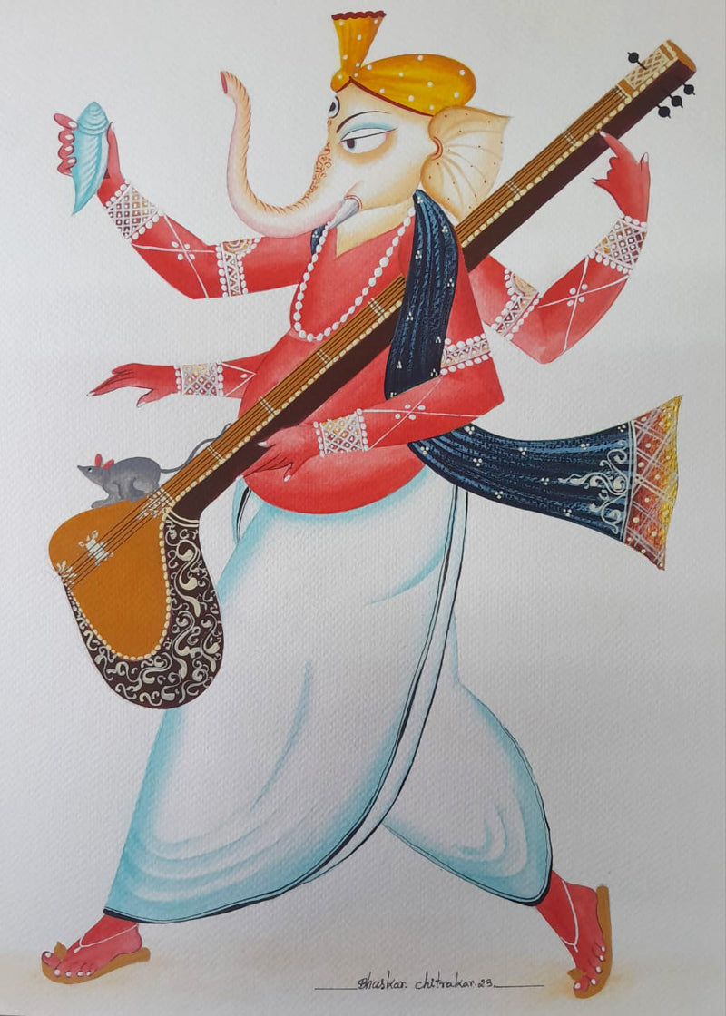 Buy Lord Ganesha with a Sitar in Kalighat by Bhaskar Chitrakar