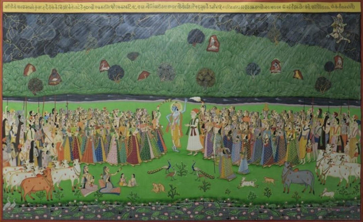 Lord Krishna lifting mount Govardhan In Pichwai by Shehzaad Ali Sherani Thumbnail