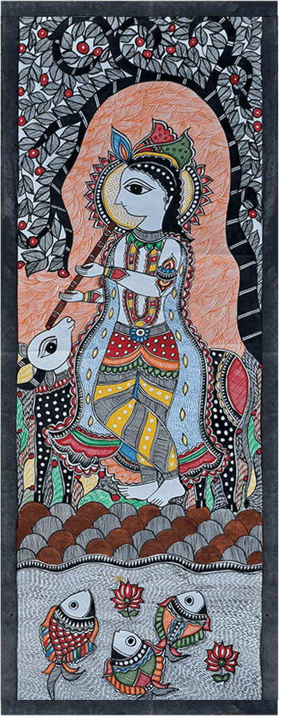 Lord Krishna seated on a cow in Madhubani by Vibhuti Nath Thumbnail