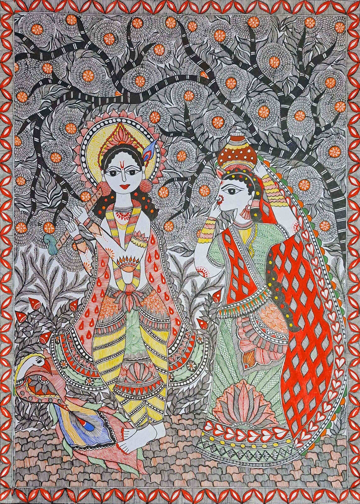 Lord Krishna with a woman under a tree: Madhubani by Vibhuti Nath Thumbnail