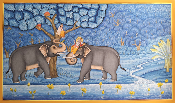 Lord Krishna with elephants: Pichwai by Shehzaad Ali Sherani Thumbnail