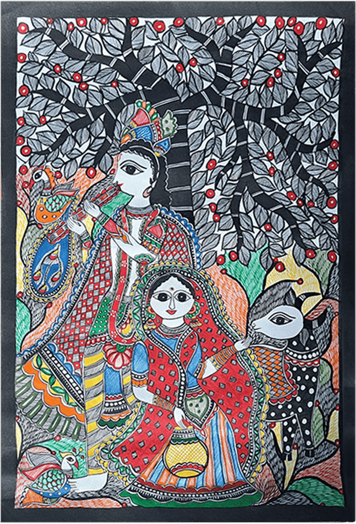 Lord Krishna with his flute and a lady feeding a cow in Madhubani by Vibhuti Nath Thumbnail