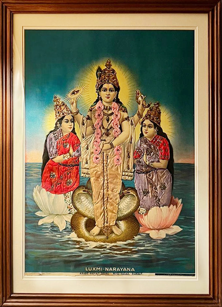 Lord Vishnu with Shri Devi and Bhu Devi Oleograph by Raja Ravi Varma (Embellished) Thumbnail