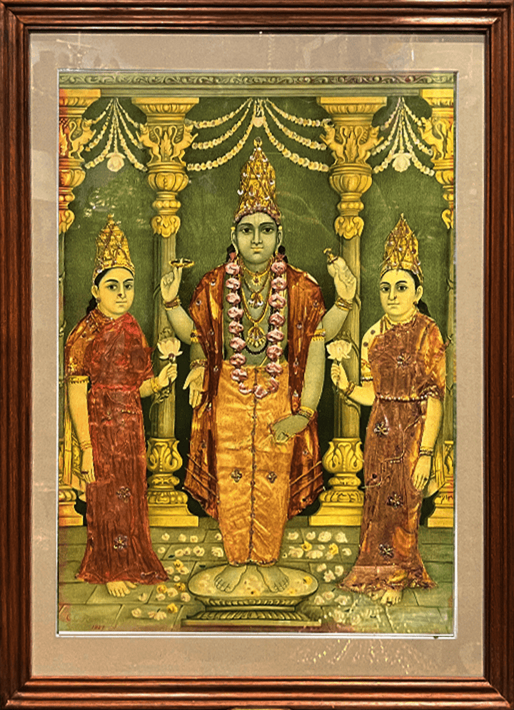 Lord Vishnu with Shri Devi and Bhu Devi, Oleograph by Raja Ravi Varma (Embellished) Thumbnail
