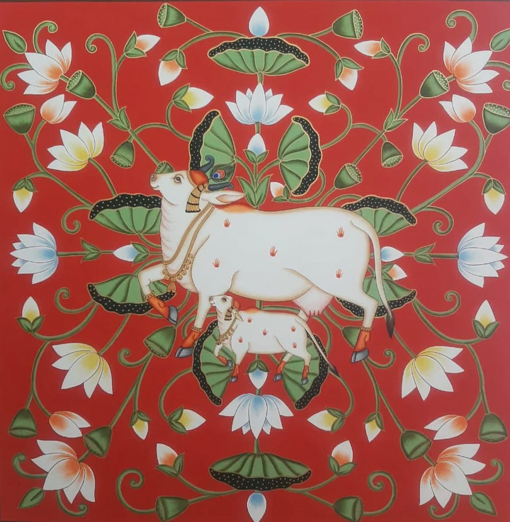 Cow and Calf in Kamal Talai: A Pichwai by Shehzaad Ali Sherani Thumbnail