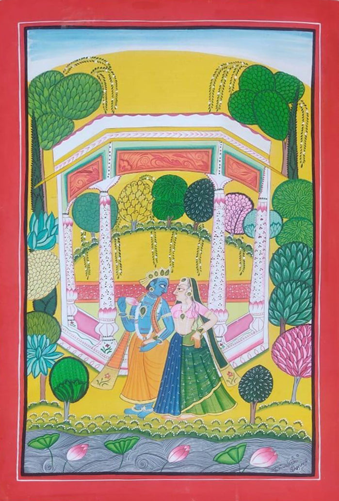 Lotus of Love: Enchanted Embrace Basohli Painting by Aastha Billowria  & Shivakshi Sharma Thumbnail