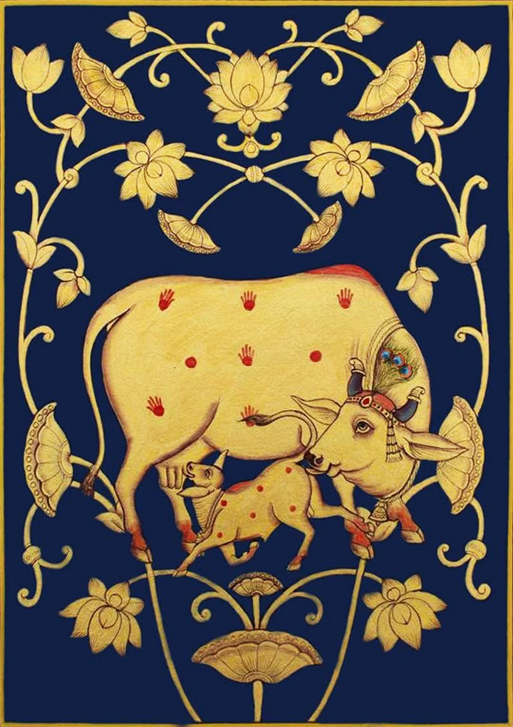 Lotus Embrace: Kamdhenu and Calf in Pichwai by Shehzaad Ali Sherani Thumbnail