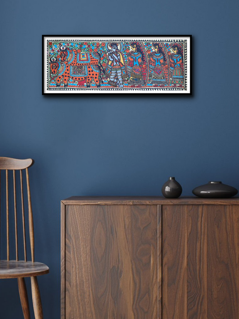 Melodies of Kanha in Madhubani art for sale